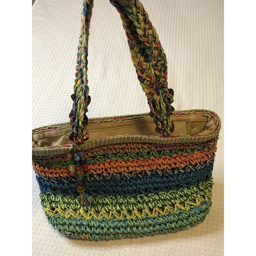 Orvis  - Tote/Bag - Multicolored - Woven Straw Shoulder Bag With Bead Ornaments